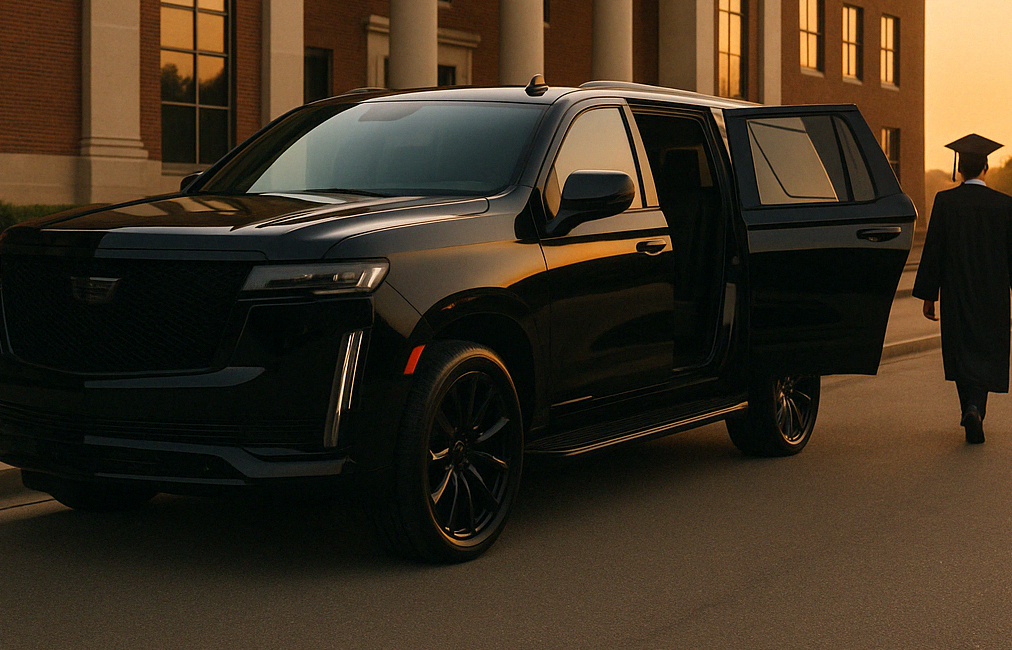 A photograph captures a black Cadillac Escalade pa 1