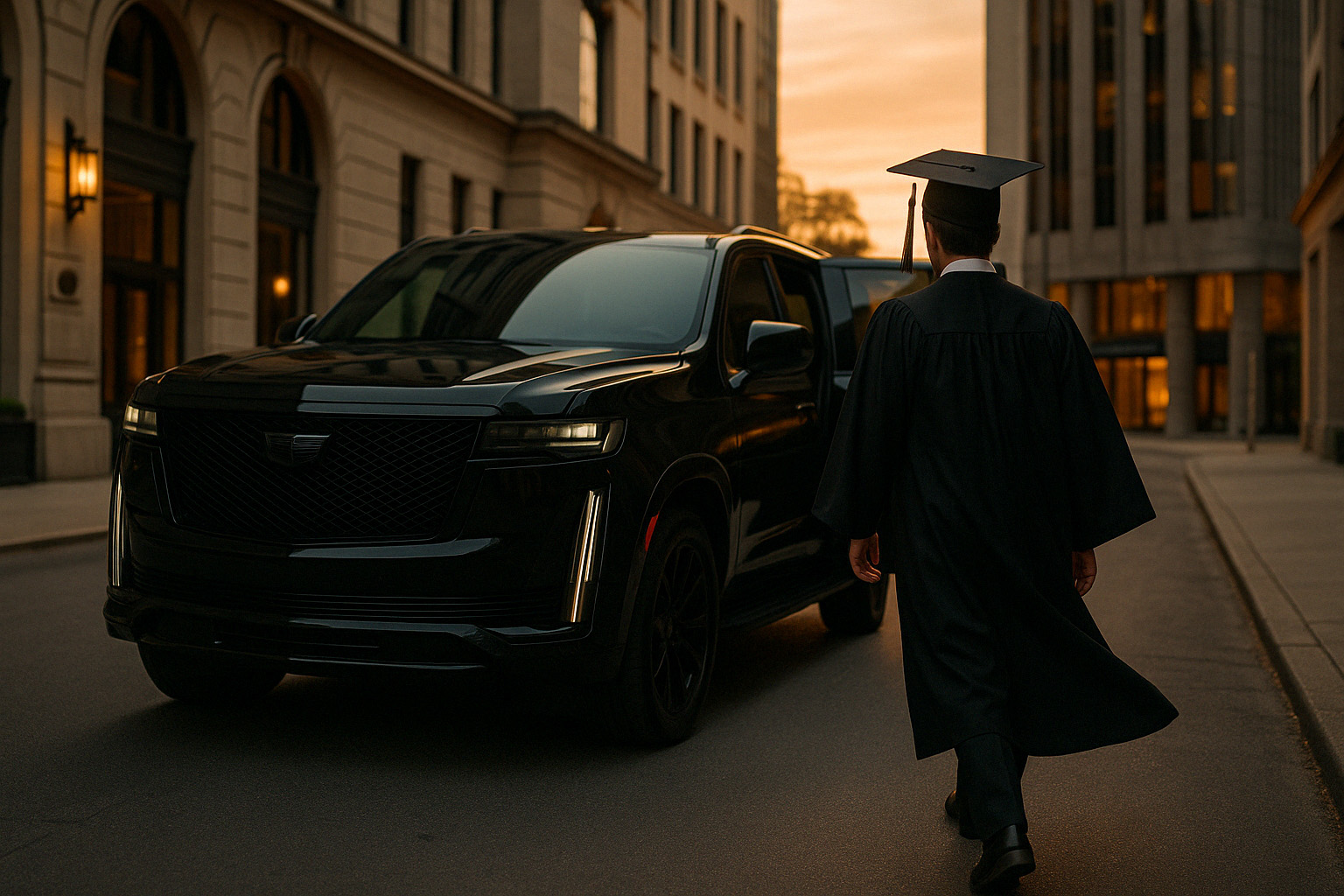 A photograph captures a young graduate approaching