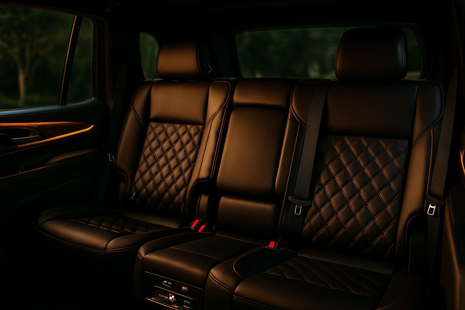 A photograph captures the interior rear seating ar