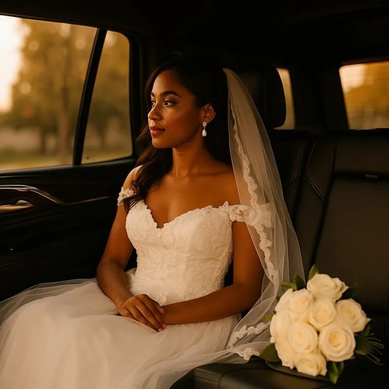 Bride and groom with black Cadillac Escalade for wedding transportation Plano
