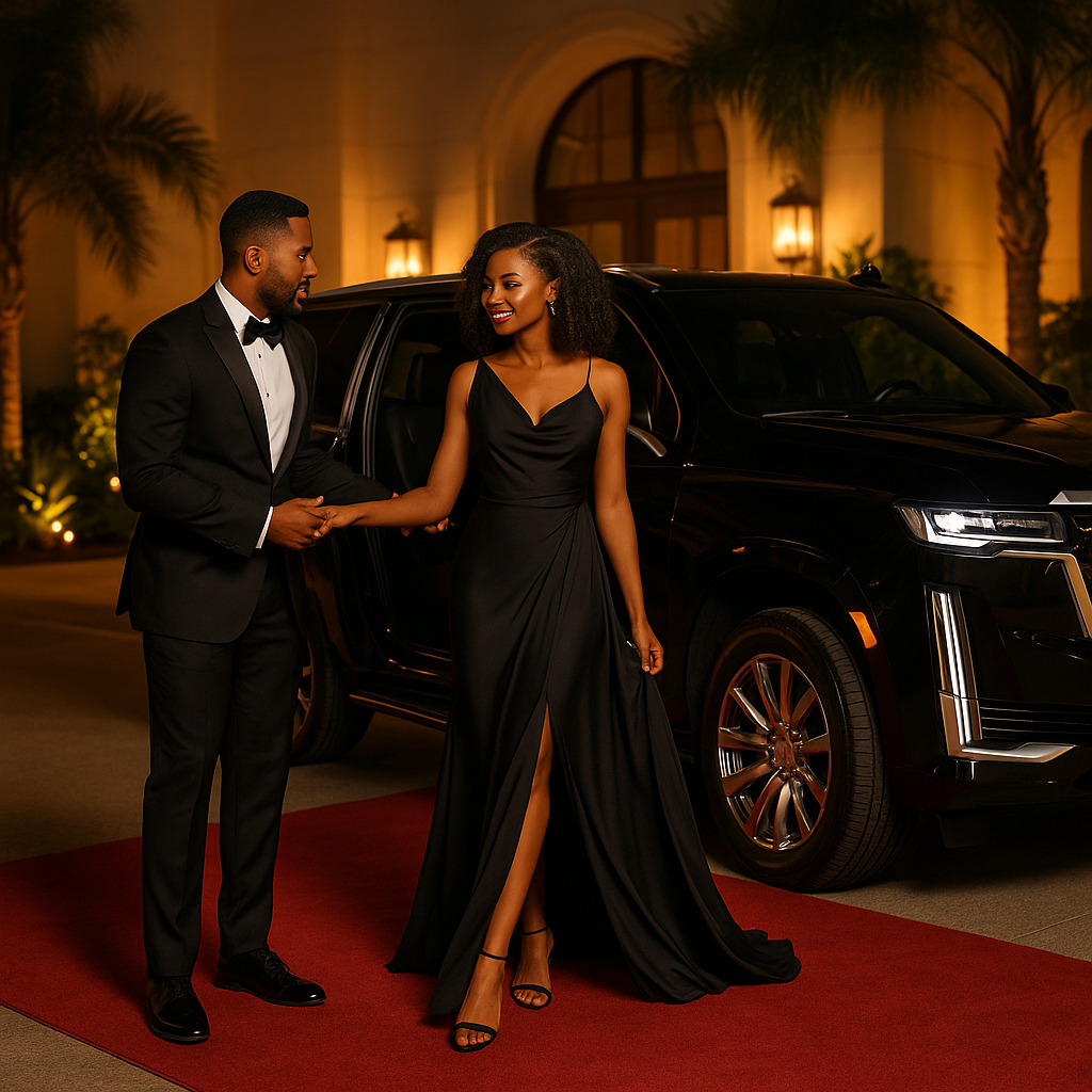 Stylish couple walking the red carpet with a luxury SUV and chauffeur service in Dallas