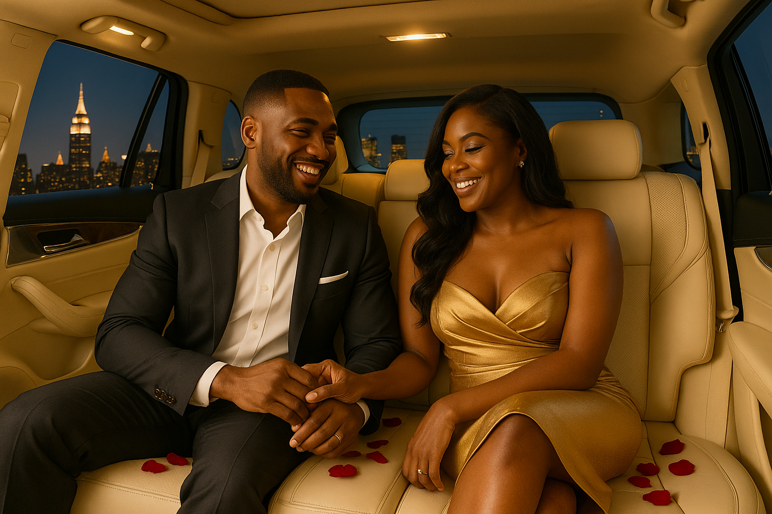 Man and woman sharing a romantic moment near a luxury SUV at sunset with date night chauffeur service in Dallas