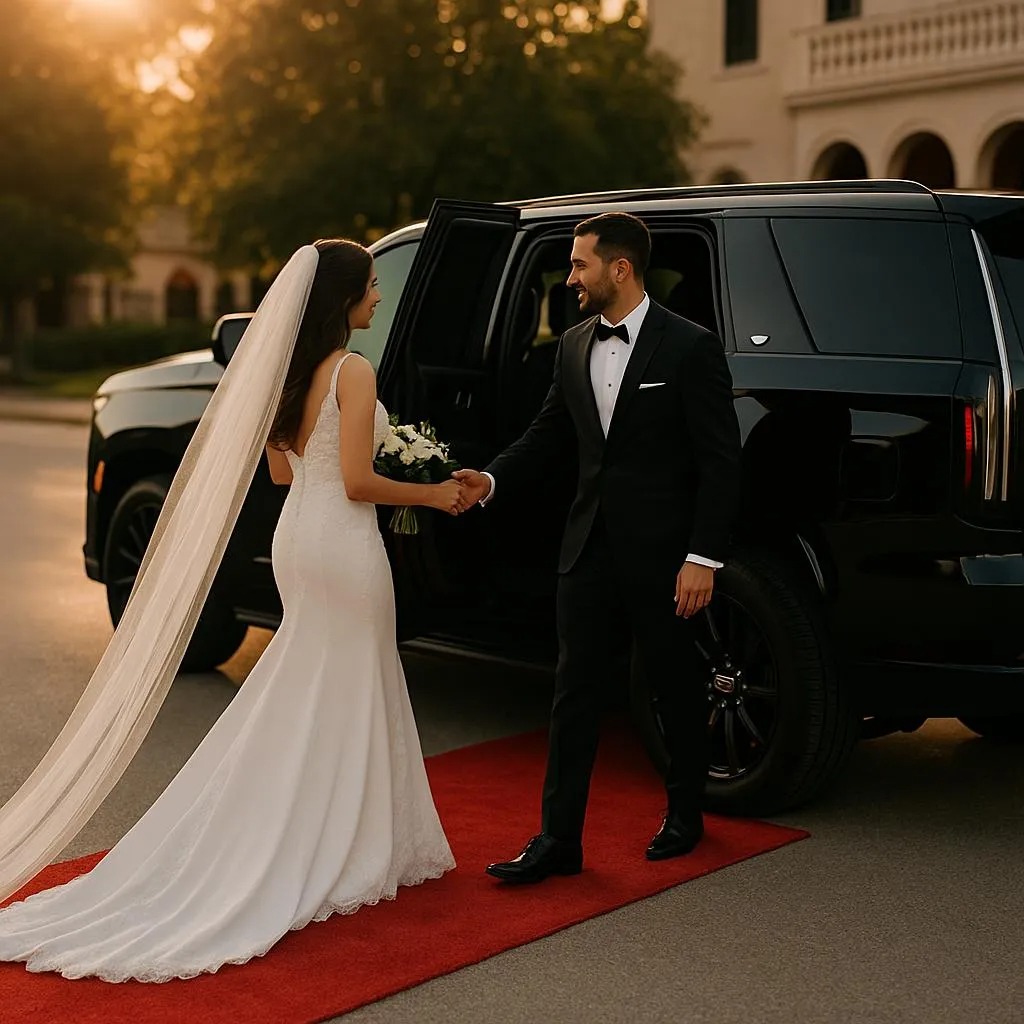 Bride and groom with black Cadillac Escalade for wedding transportation Denton