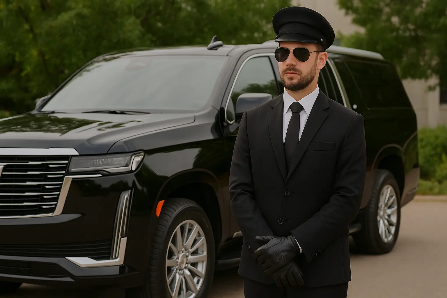 Professional Chauffeur Dallas standing beside a black Cadillac Escalade SUV in a formal uniform