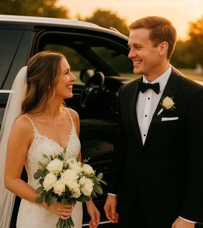 Smiling bride and groom with Black Cadillac Escalade during wedding transportation Plano