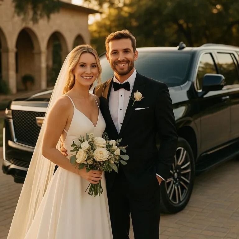 Bride and groom standing in front of a Black Cadillac Escalade for wedding transportation Frisco