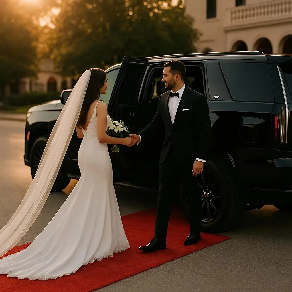 Bride and groom with black Cadillac Escalade for wedding transportation Dallas