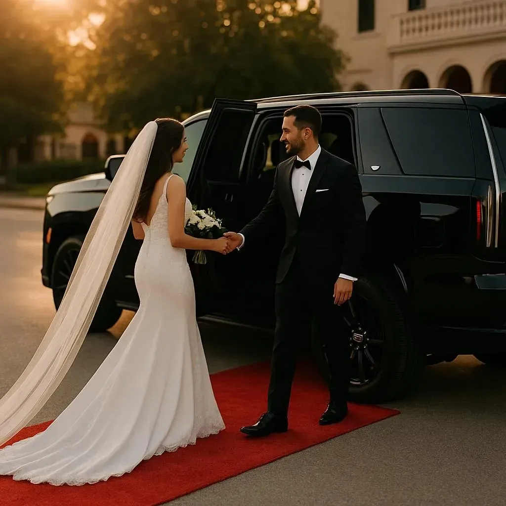 Bride and groom with black Cadillac Escalade for wedding transportation Plano