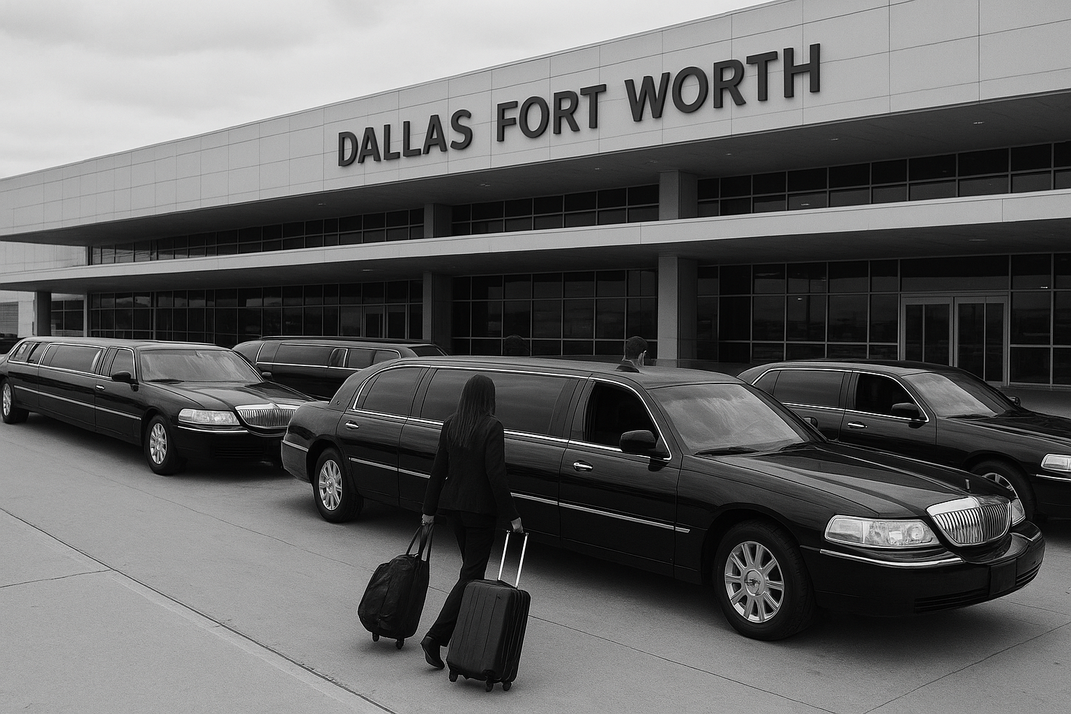 Affordable group transportation Dallas – multiple black limousines at DFW Airport with passengers boarding.