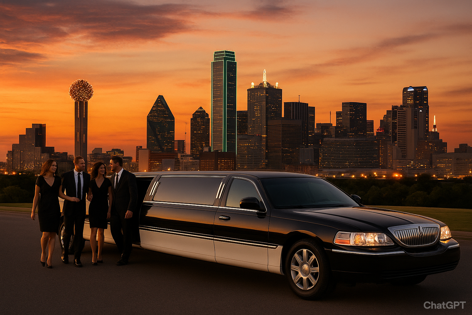 Sleek black and white limousine showcasing affordable group transportation Dallas with luxury and style