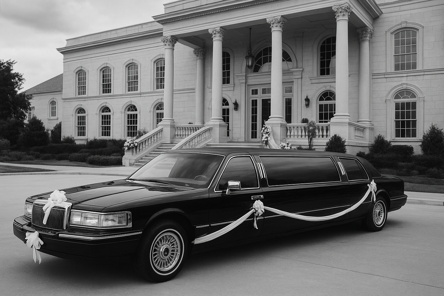 Affordable group transportation Dallas – stylish black limo decorated with wedding ribbons outside a grand Dallas venue.