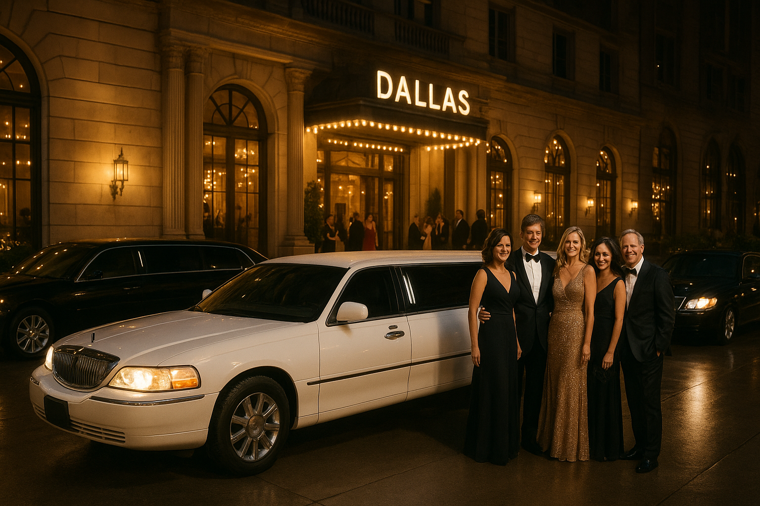 Elegant guests arriving at a Dallas event venue with white and black limousines provided by the best group transportation company in Dallas.