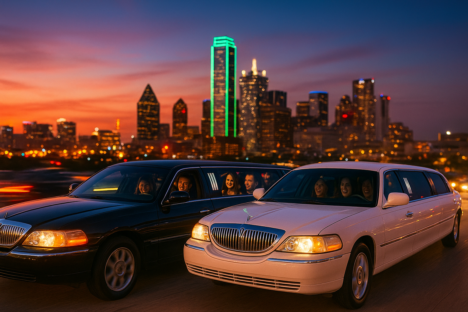 Black and white limousines driving side by side on a busy Dallas street at twilight, showcasing the best group transportation company in Dallas.