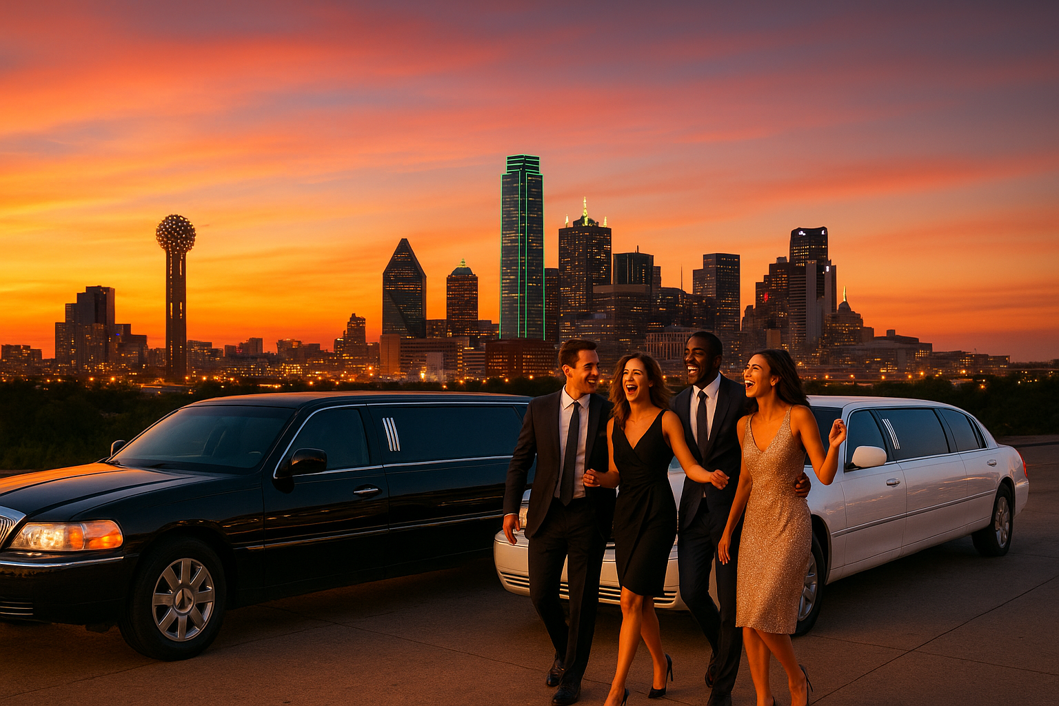 Stylish group stepping out of black and white limousines in front of the Dallas skyline at sunset, provided by the best group transportation company in Dallas.