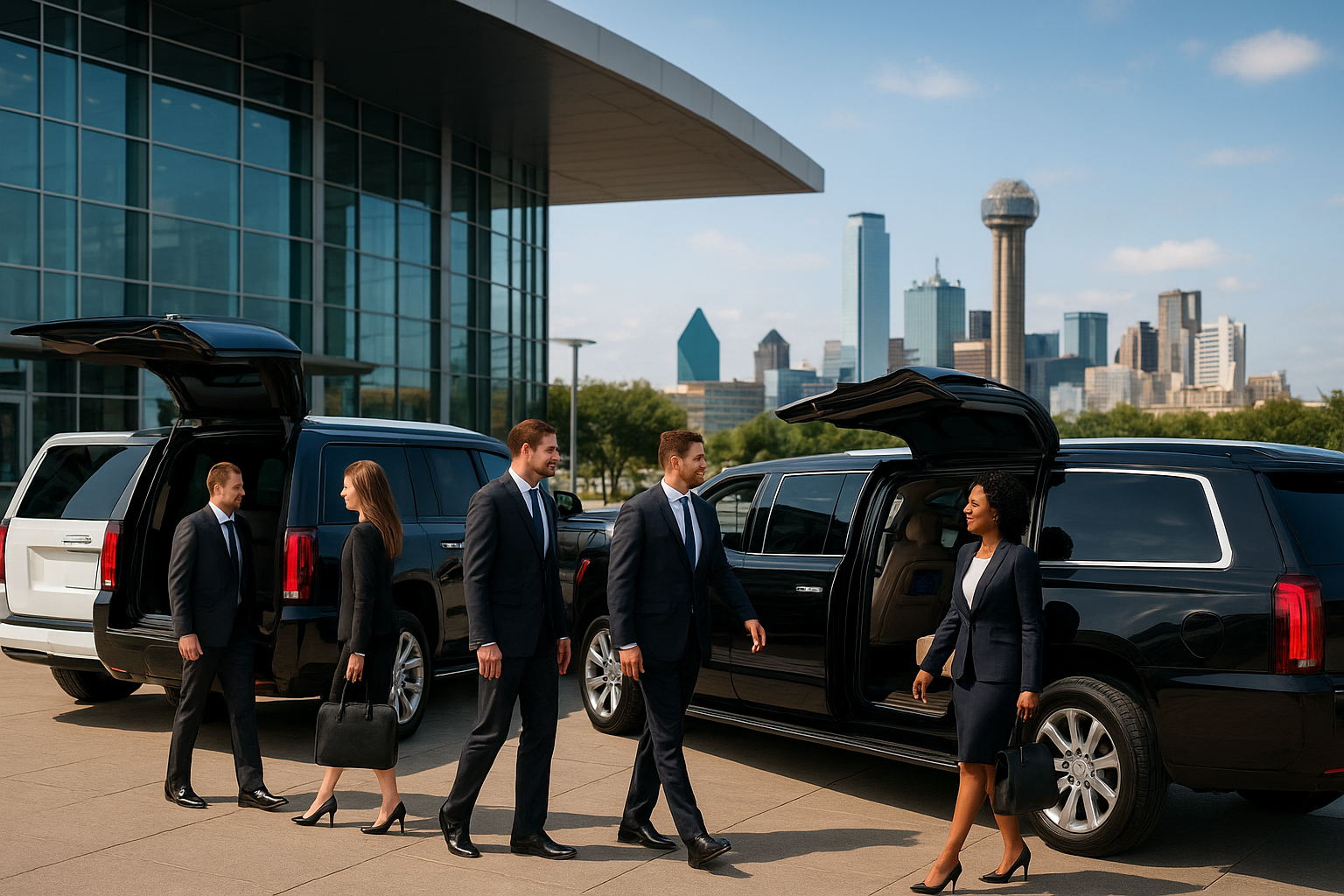 Executives boarding luxury stretch SUVs for corporate group transportation in Dallas outside a modern convention center.