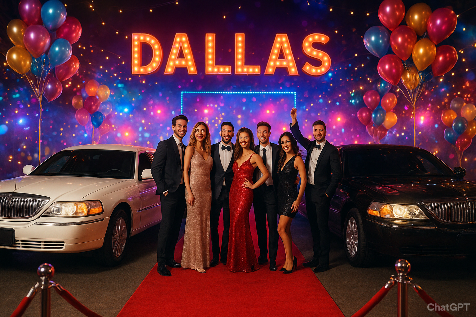 Corporate group transportation in Dallas with luxury white and black limousines at a red-carpet event, stylish professionals posing together in a festive setting.