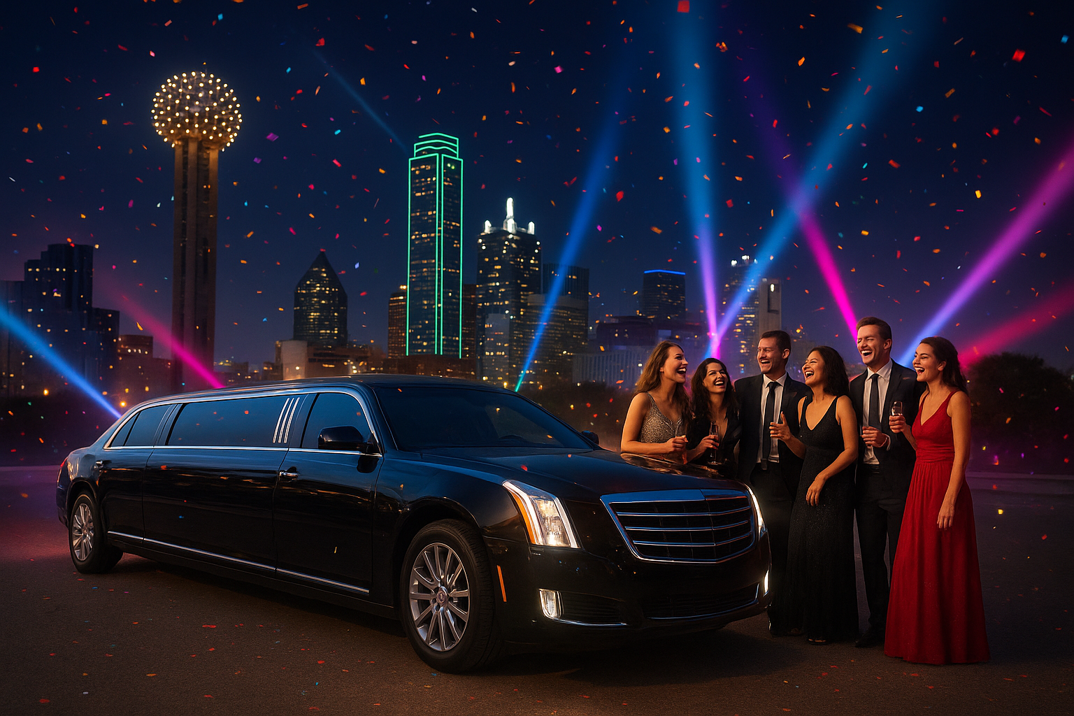 Corporate group transportation Dallas with luxury limousine, guests celebrating near downtown skyline