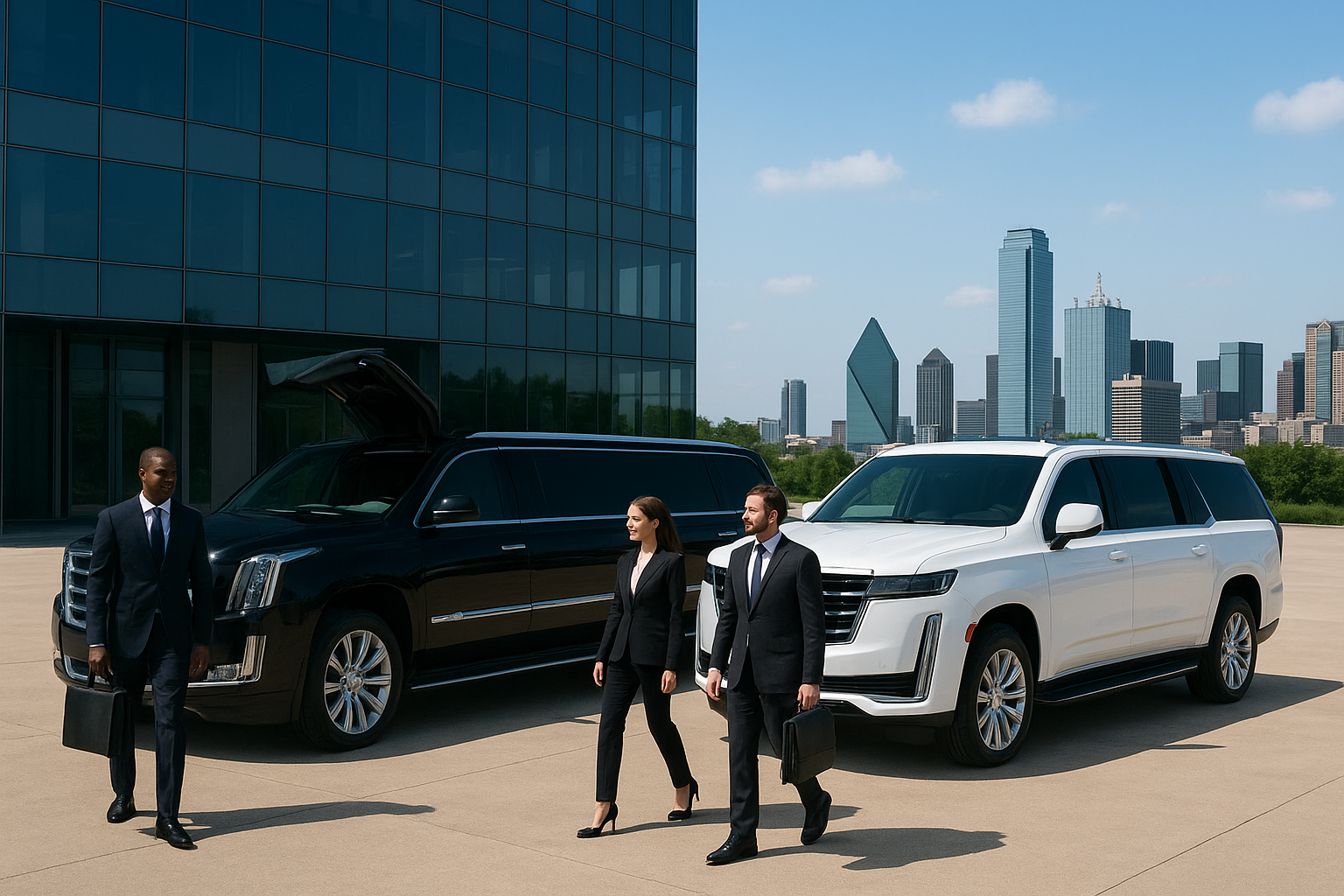 Luxury black and white SUVs for corporate group transportation in Dallas with business professionals walking toward them.