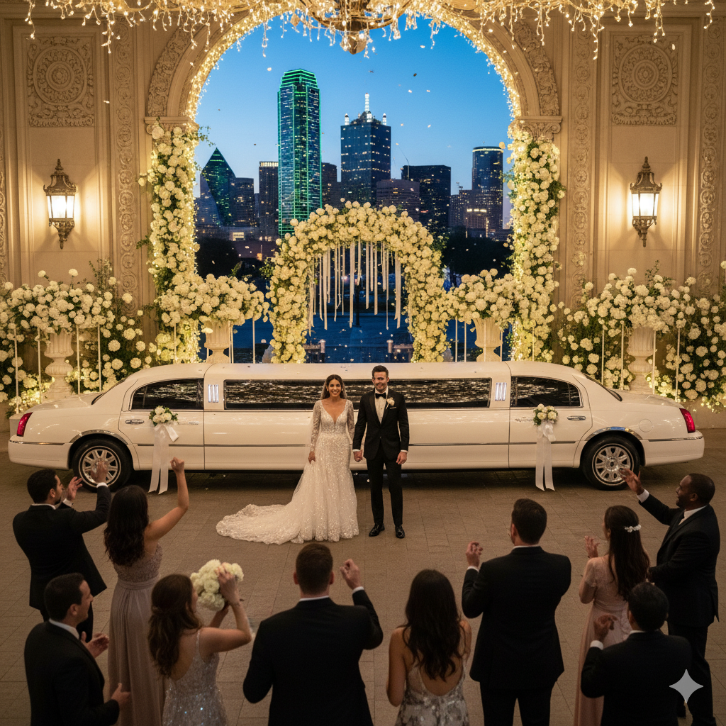 A bride and groom step out of a luxurious white limousine decorated with flowers outside a Dallas wedding venue at sunset, with the city skyline in the background.