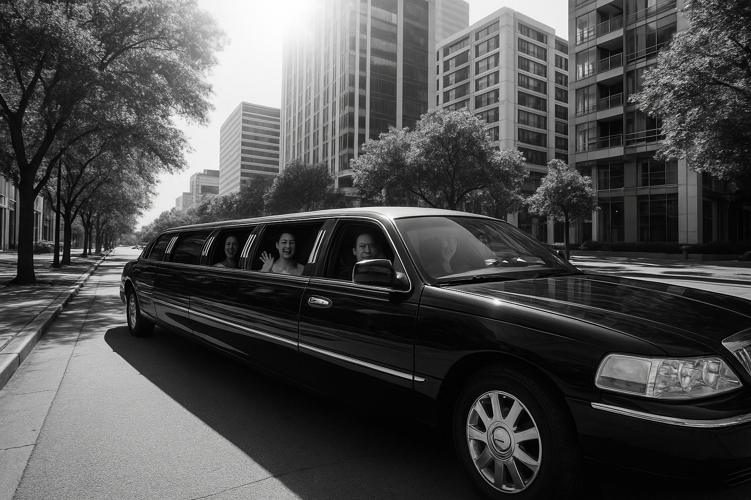 Black stretch limousine with smiling passengers driving down a stylish Dallas street, representing Dallas charter bus rental services.