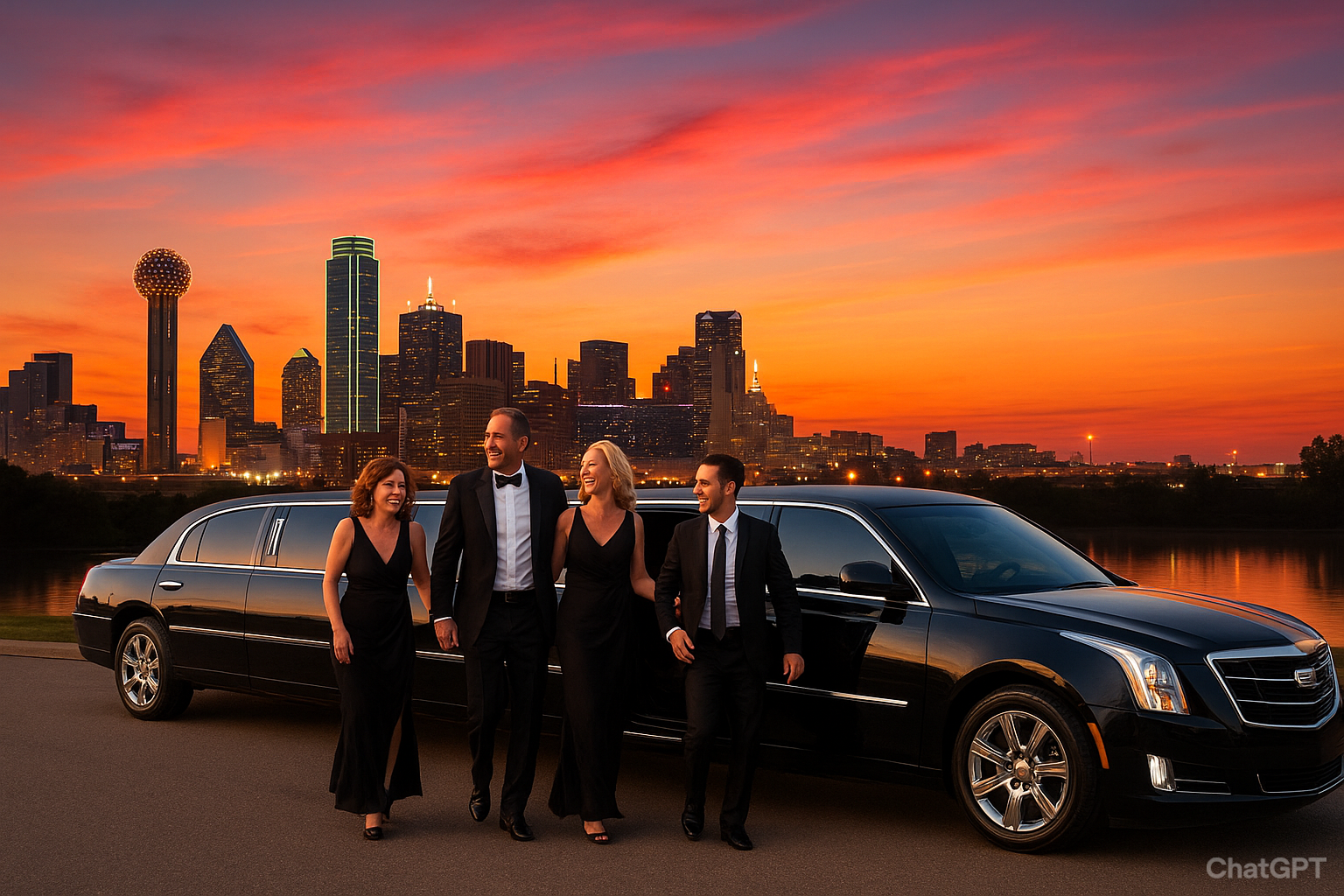 Group of people in formal attire standing beside a black stretch limousine with the Dallas skyline at sunset, representing Dallas charter bus rental services.