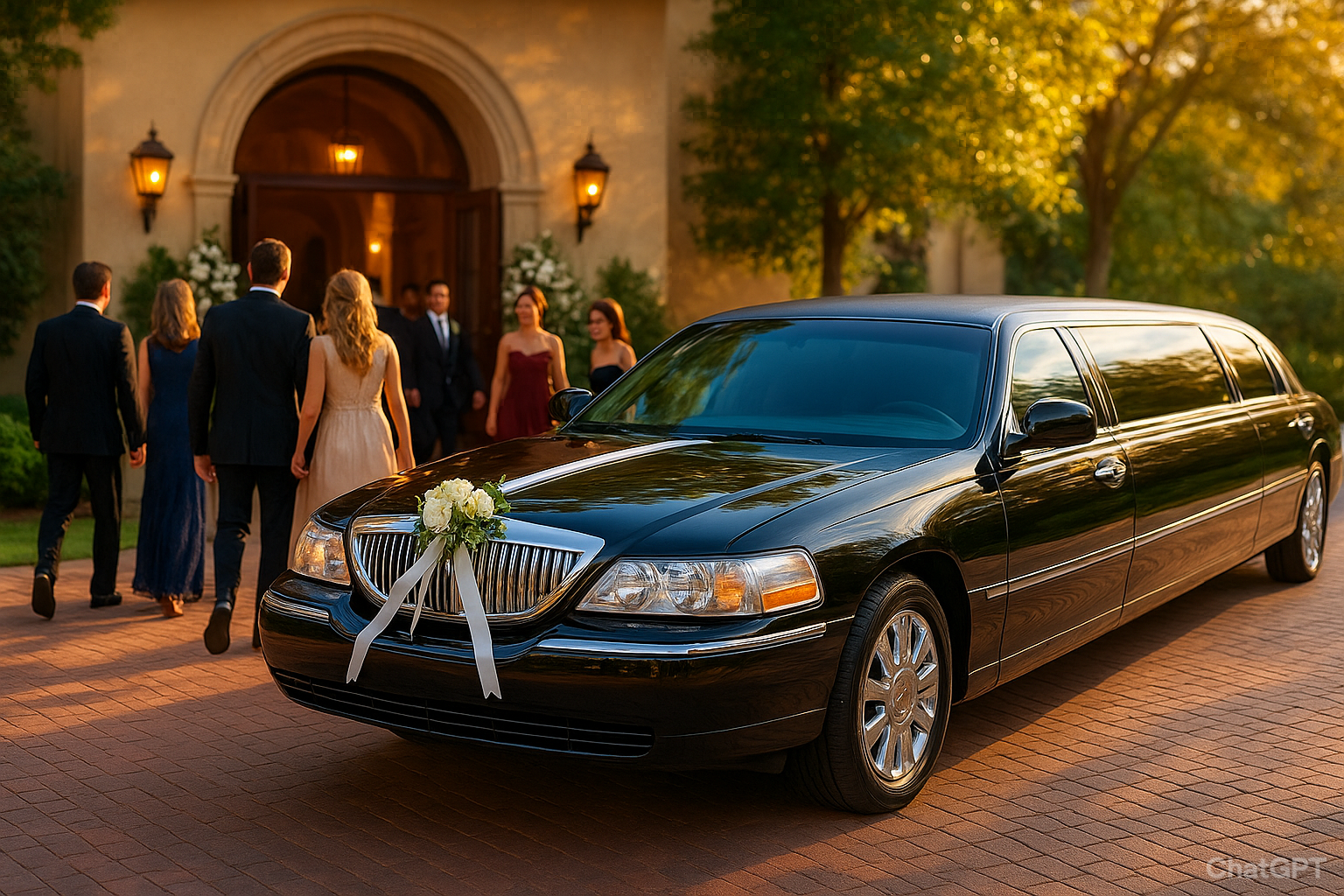 Elegant black stretch limousine decorated with flowers, parked outside a wedding venue in Dallas, representing Dallas charter bus rental services.
