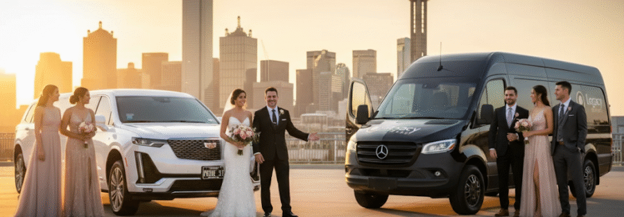 A wedding party stands with a white Cadillac limousine and a black Mercedes-Benz Sprinter van, with the Dallas skyline and Reunion Tower in the background. The image represents premium Dallas group transportation services for special events.
