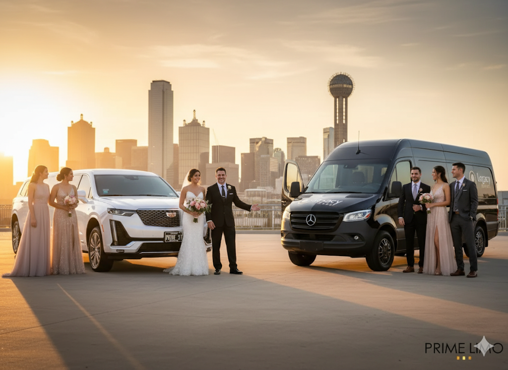 A wedding party stands with a white Cadillac limousine and a black Mercedes-Benz Sprinter van, with the Dallas skyline and Reunion Tower in the background. The image represents premium Dallas group transportation services for special events.