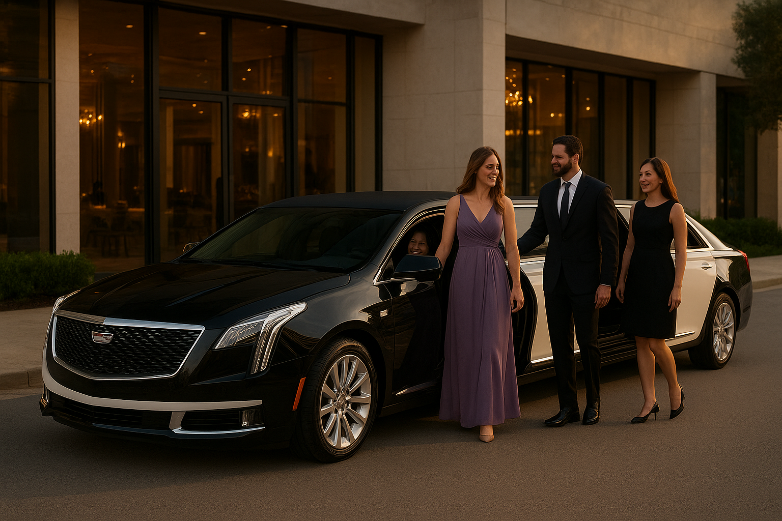 Luxury black and white limousine with open doors as guests arrive for a wedding and corporate event in Dallas.