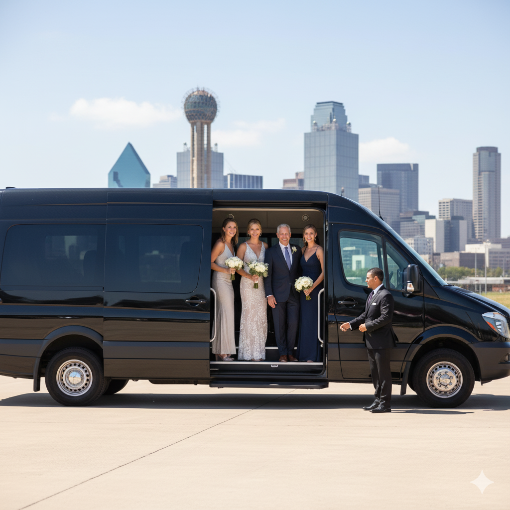 A modern, luxury shuttle van in Dallas with passengers boarding, a professional chauffeur, and the city skyline in the background, representing a high-end group shuttle service.