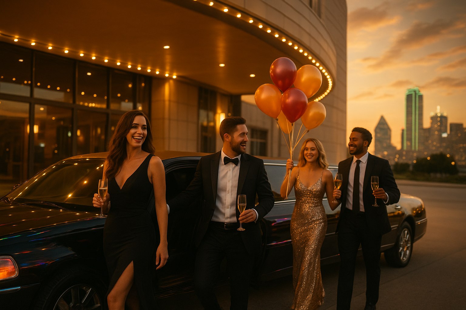 Elegant guests stepping out of a black limousine with champagne and balloons at a Dallas event venue during golden hour