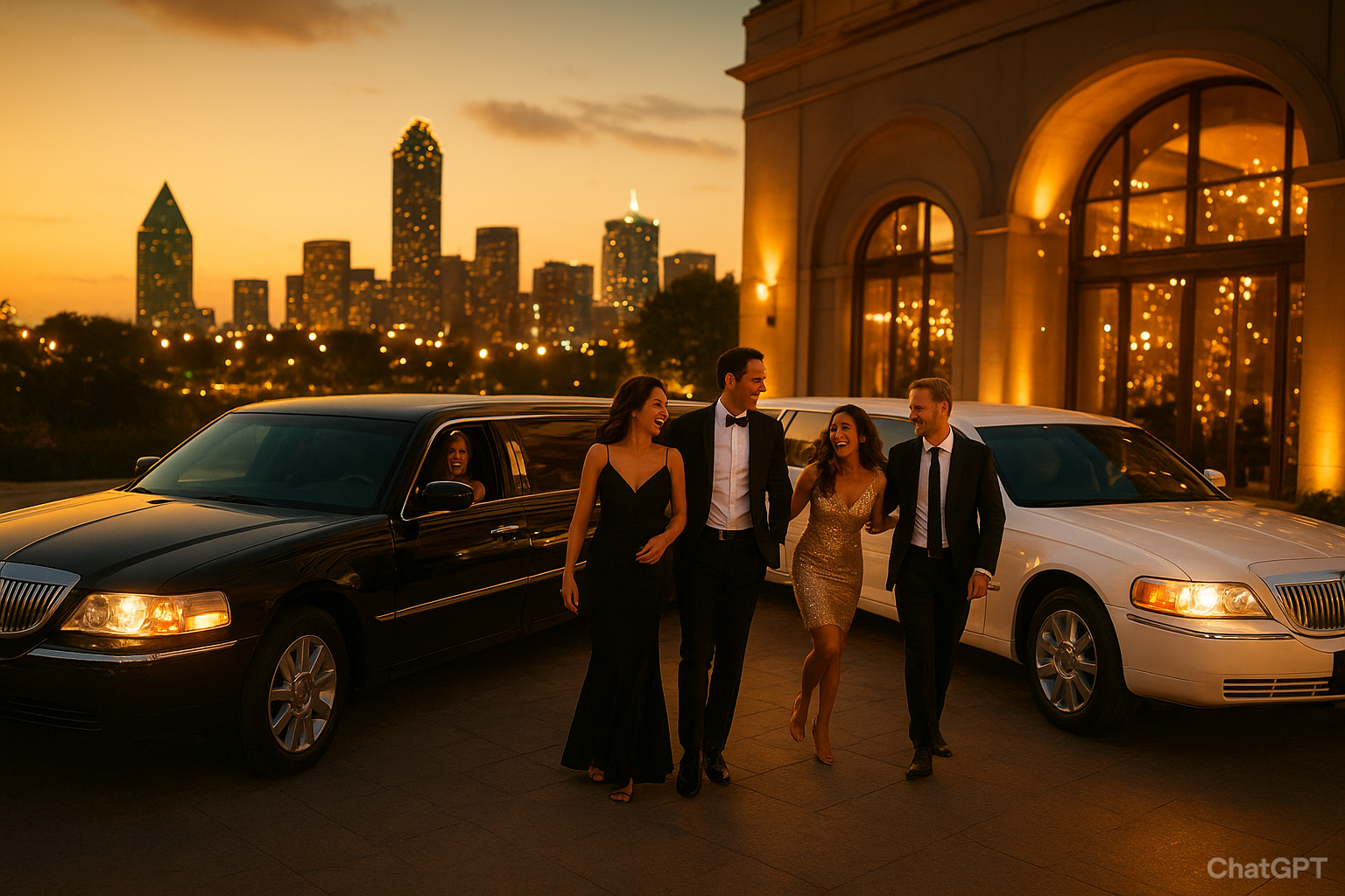 Stylish group arriving in black and white limousines at sunset with Dallas skyline – Dallas party car rental for groups