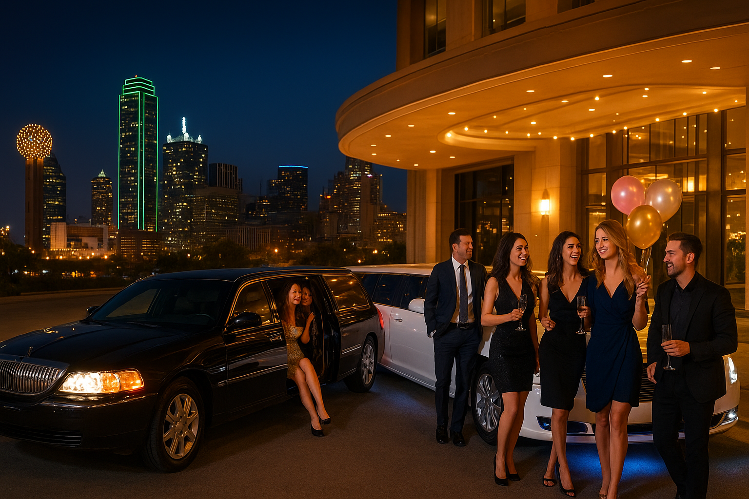 Elegant group enjoying a night out with black and white limousines in Dallas – Dallas party car rental for groups