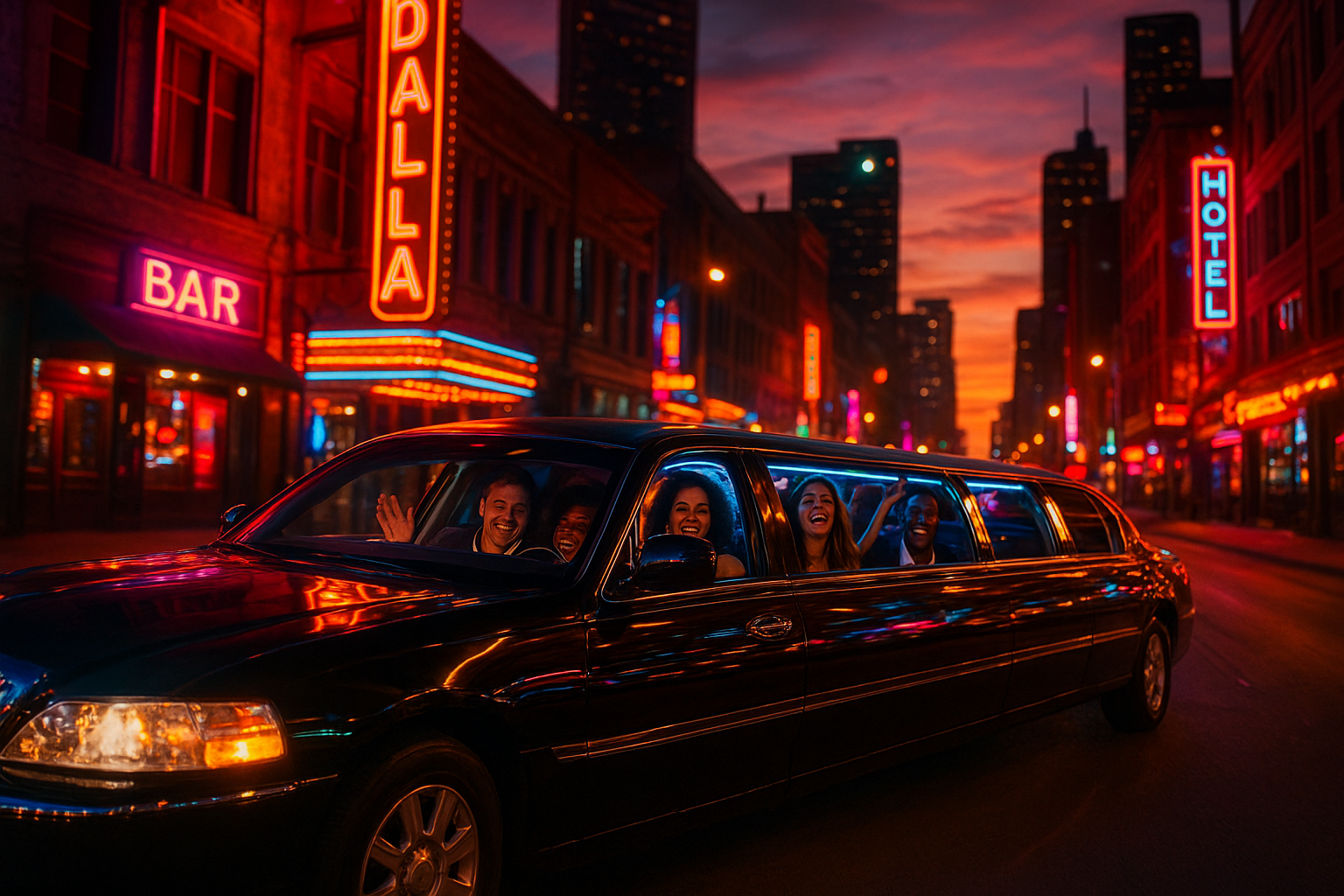 Black stretch limousine driving through vibrant Dallas streets at sunset with friends inside celebrating, showcasing Dallas party car rental for groups.