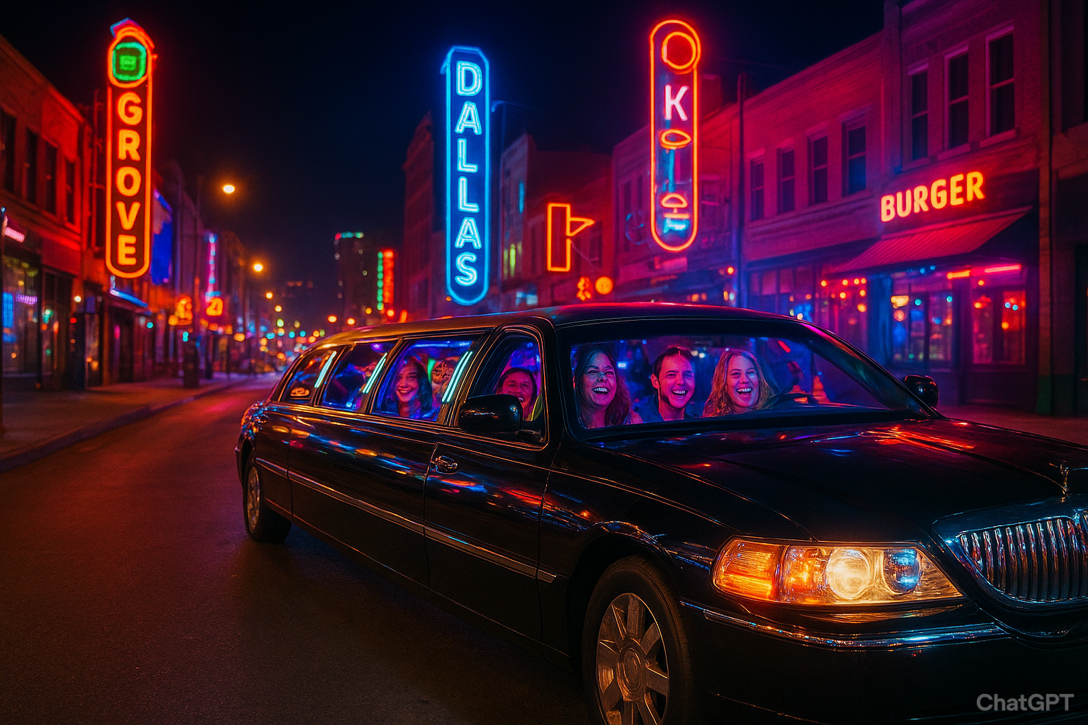 A black stretch limousine filled with smiling friends cruising through downtown Dallas nightlife, highlighting Dallas party car rental for groups.