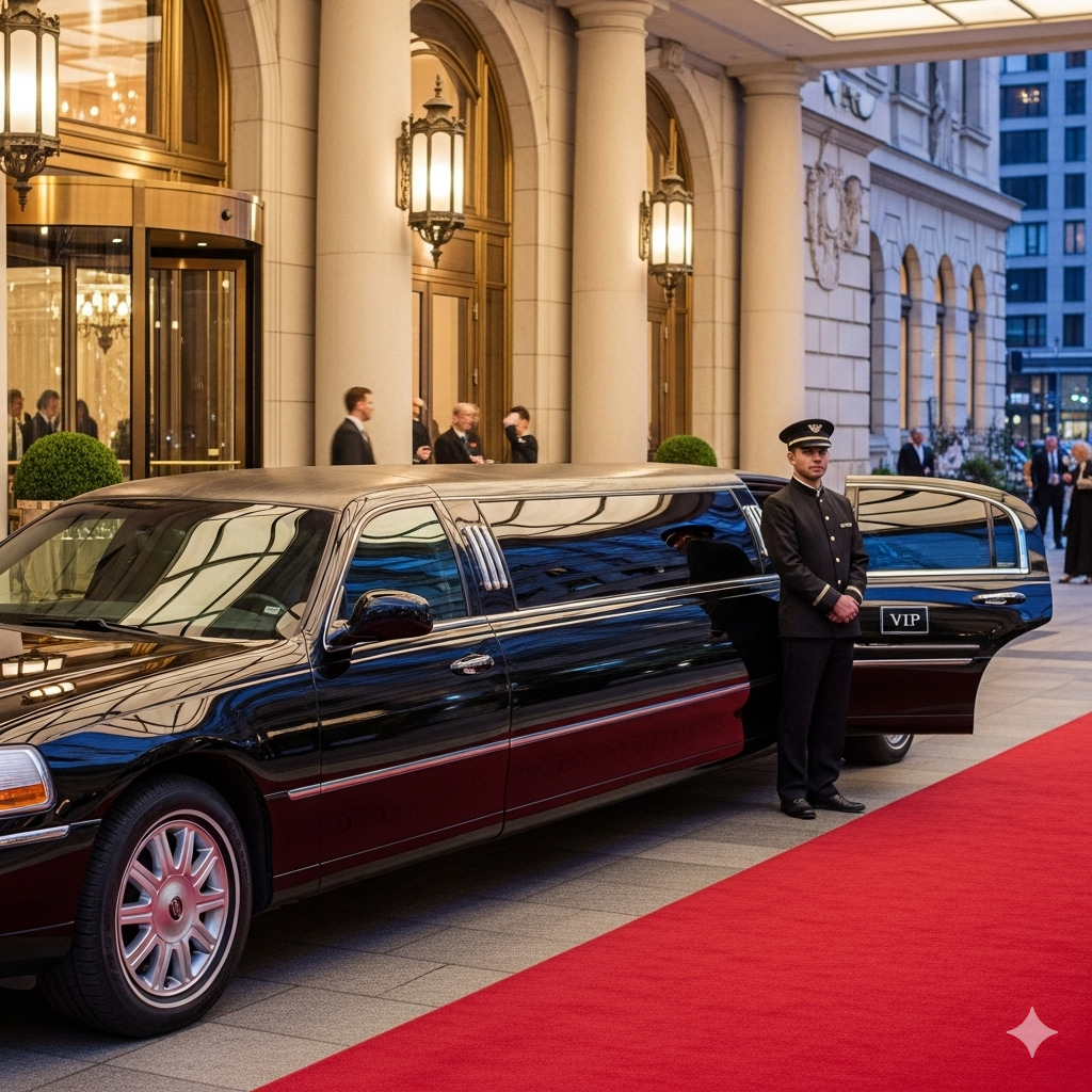 A professional chauffeur in uniform stands by a black limousine on a red carpet outside a luxury venue, representing elite Dallas group transportation services.
