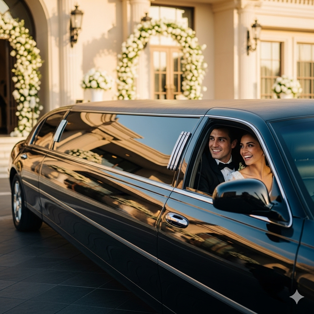 A happy bride and groom smile from the back of a black limousine outside a wedding venue, illustrating professional Dallas group transportation services for weddings.
