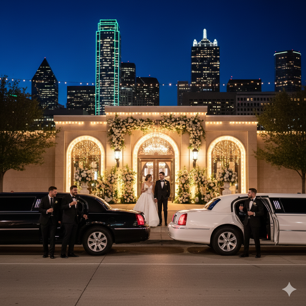 A black and a white limousine parked on a Dallas street at night, with a wedding party and a bride and groom in front of a beautifully lit wedding hall.