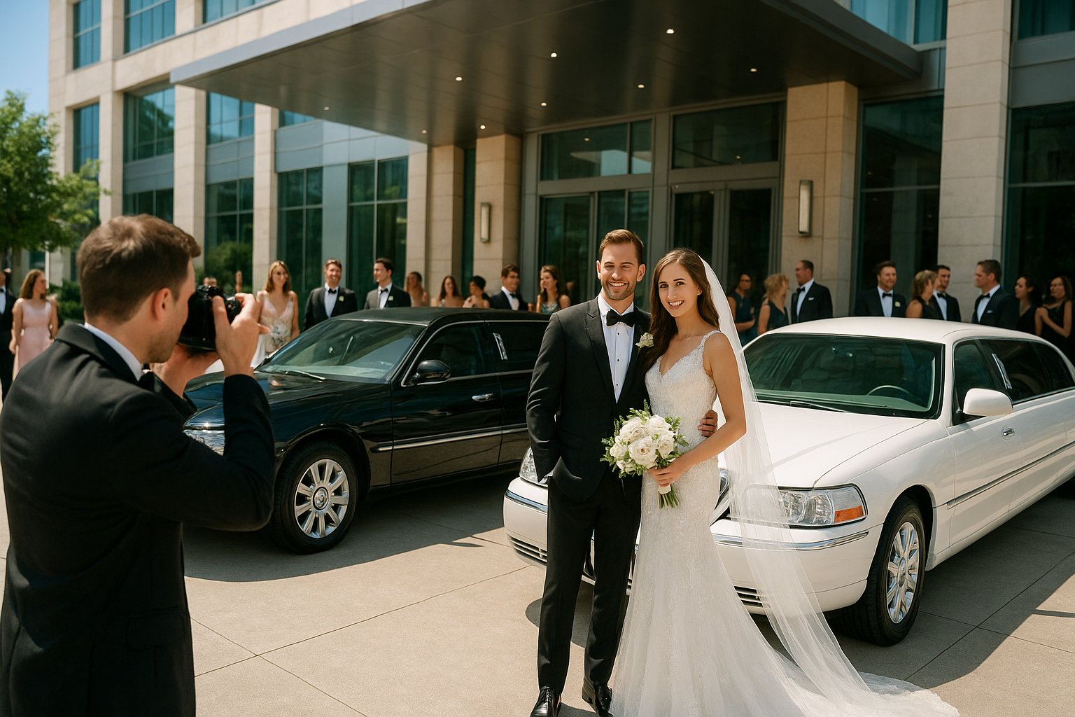 Bride and groom posing in front of black and white limousines outside a Dallas hotel, symbolizing luxury wedding limo transportation.