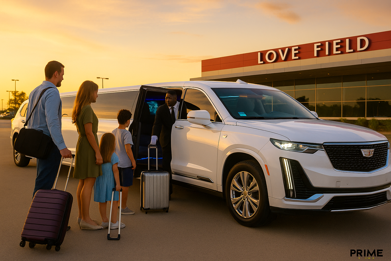 Family with suitcases entering a luxury white limousine at Dallas Love Field Airport with chauffeur assistance.