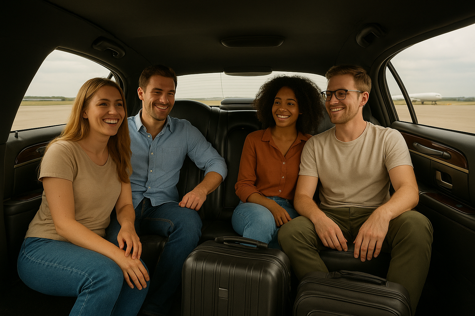 Group of friends smiling inside a luxury black limousine with luggage, airport runway visible through windows.