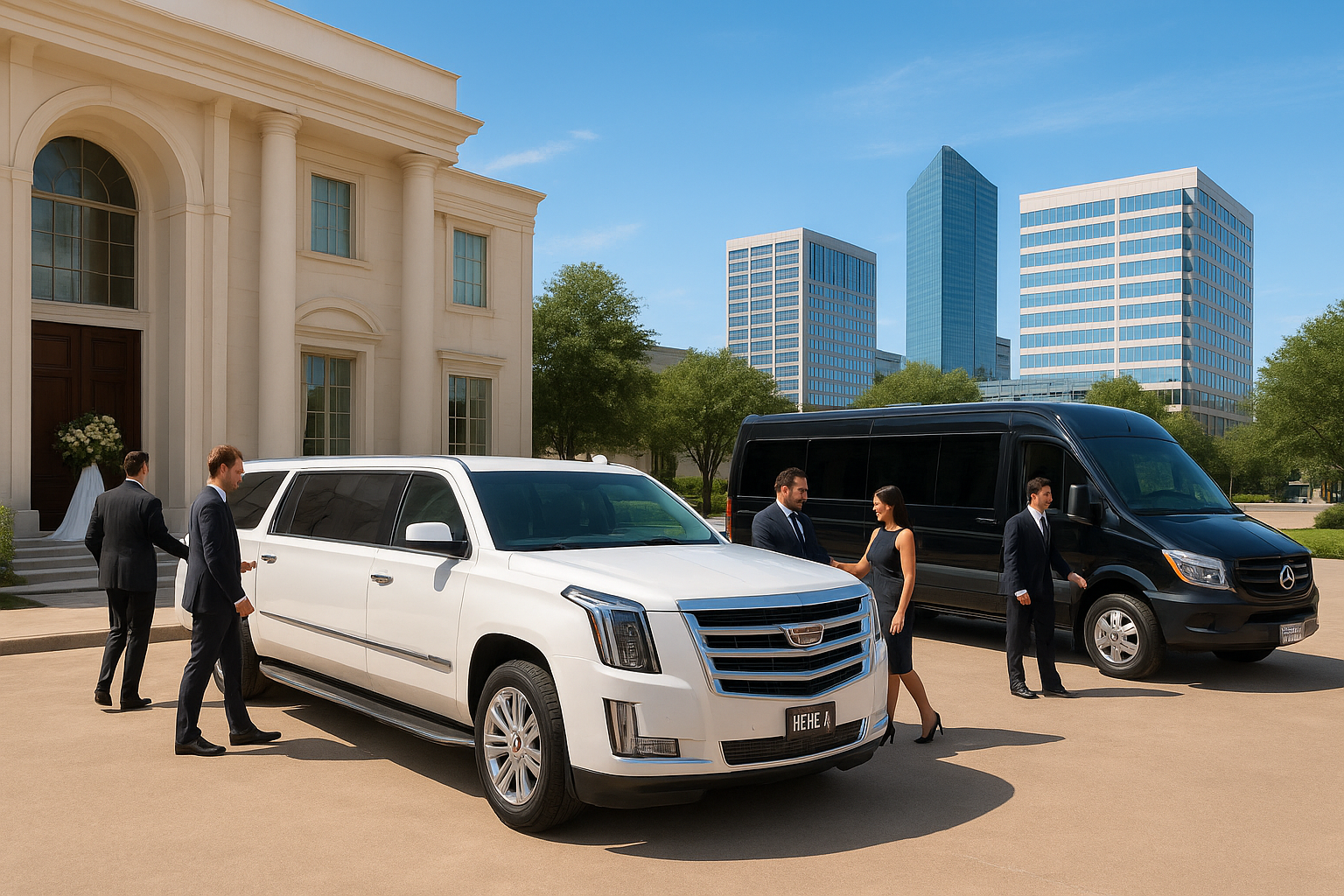 “Luxury Cadillac limousine and black Mercedes shuttle van providing group shuttle service in Dallas at a wedding and corporate venue.”