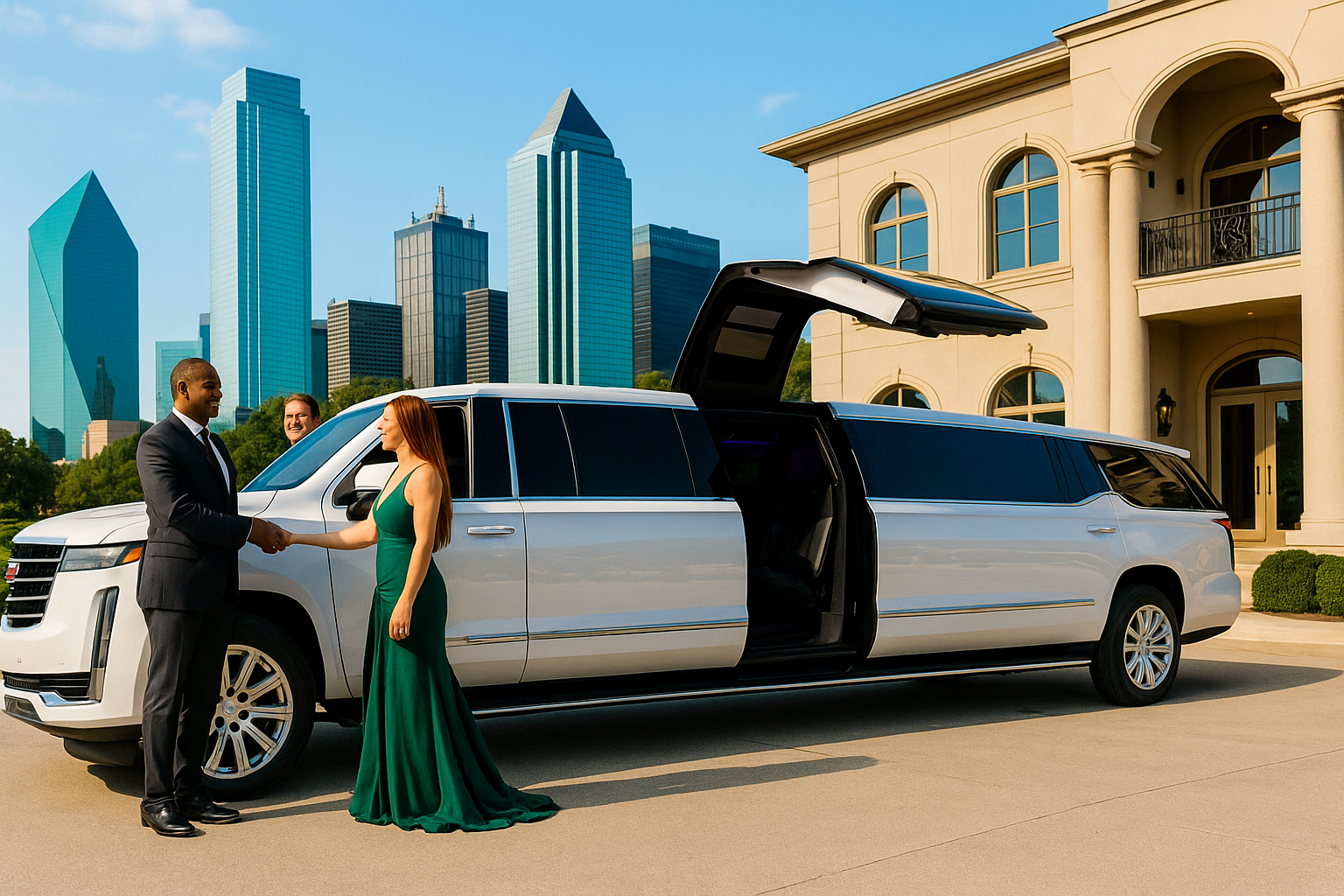 Luxury Cadillac stretch limousine with chauffeur assisting passengers outside a wedding venue in Dallas, representing premium group shuttle service Dallas.