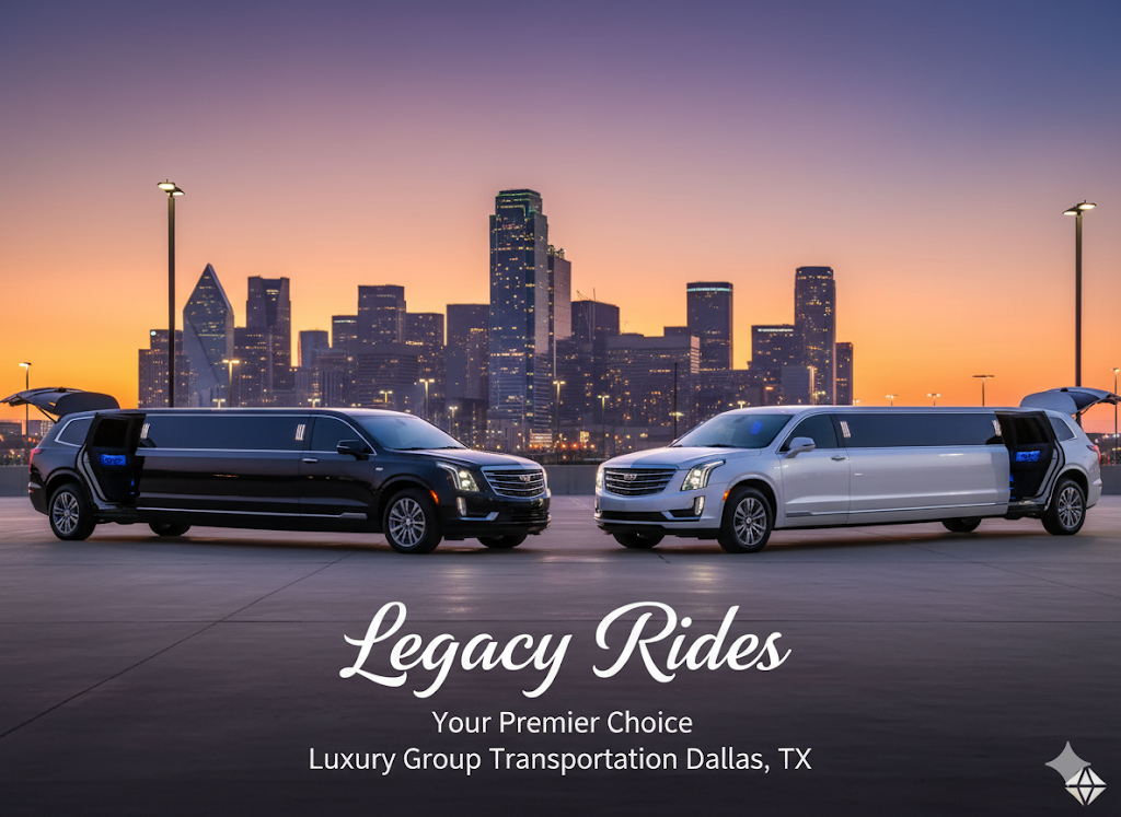 "Two luxury stretch limousines, one black and one white, parked with open doors against the Dallas, Texas skyline at sunset with Legacy Rides branding."