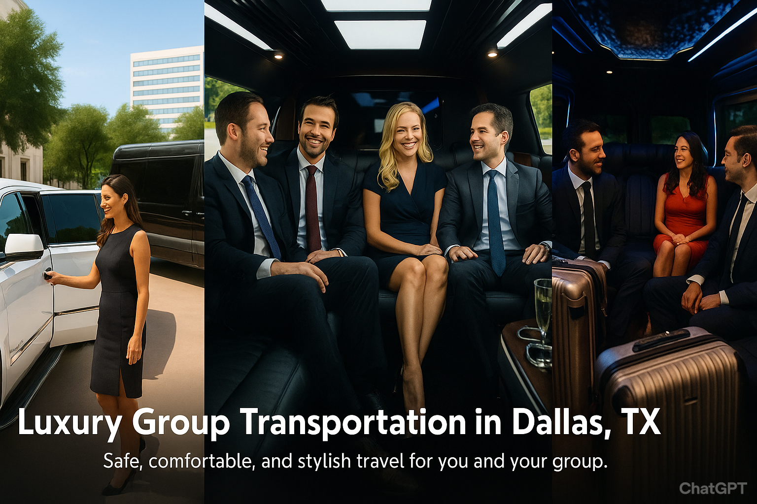 "Collage showing luxury group transportation in Dallas, TX: a chauffeur welcoming a passenger into a limousine, passengers smiling inside with plush seating, and a group traveling comfortably with luggage in a stylish limo interior."