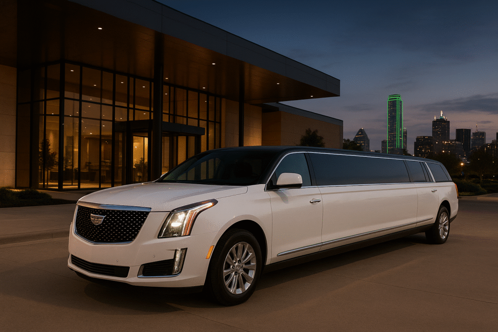Luxury white and black limousine parked outside a modern event venue in Dallas at evening with city lights.