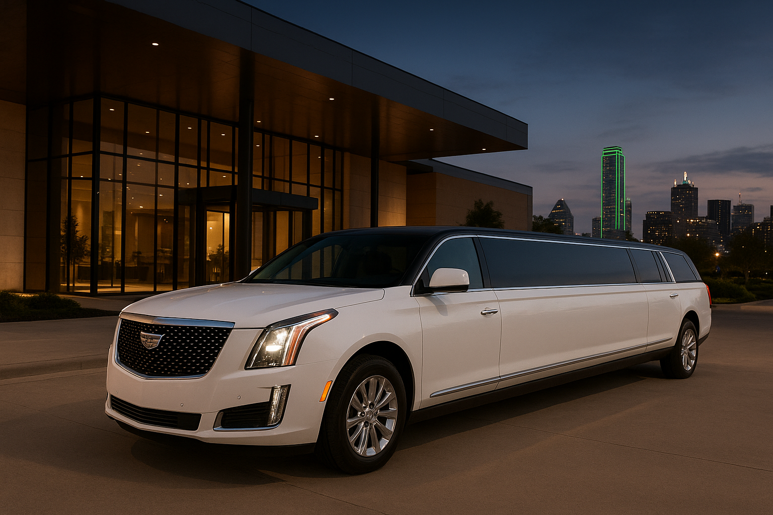 Luxury white and black limousine parked outside a modern event venue in Dallas at evening with city lights.