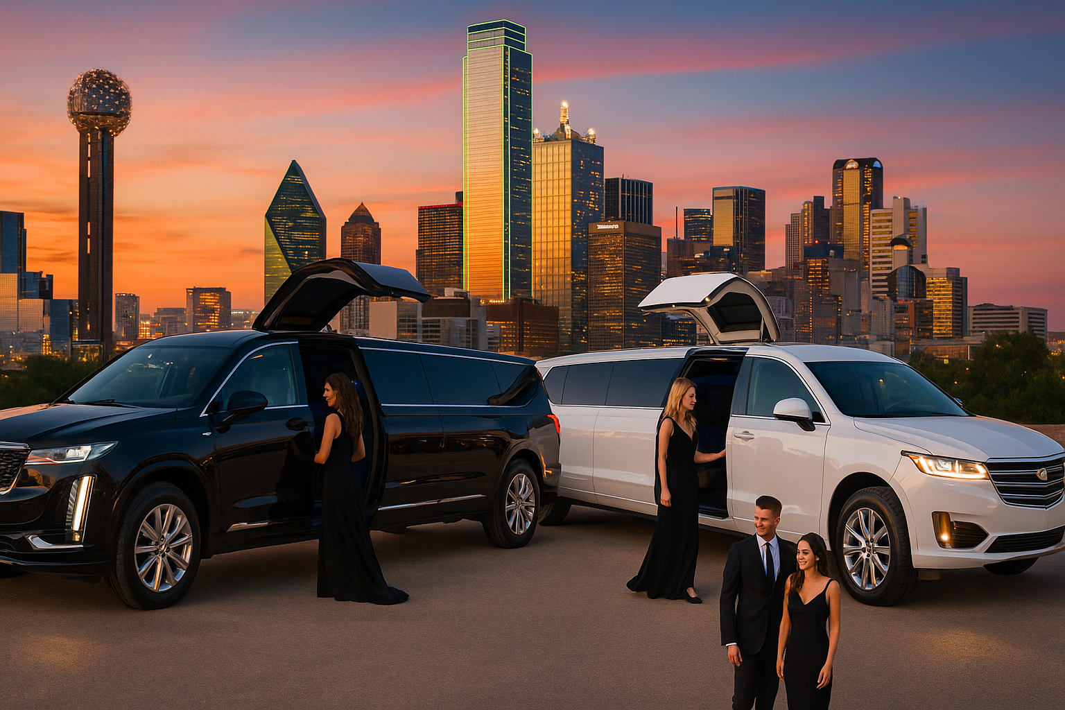 "Black and white stretch limousines in front of the Dallas skyline at sunset with elegantly dressed passengers and chauffeurs."