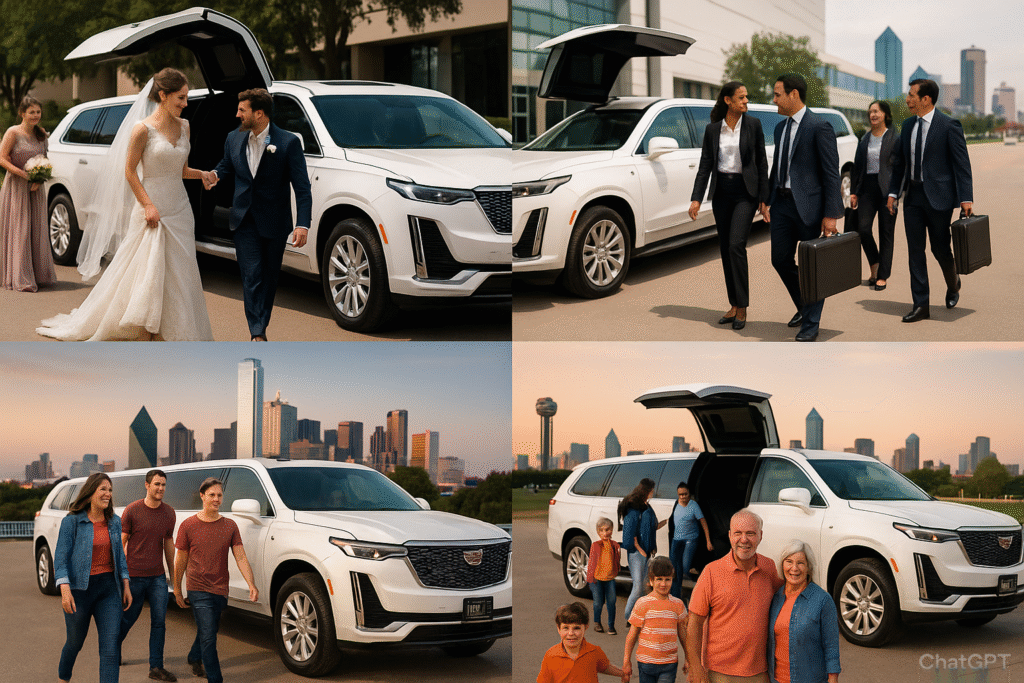 "Popular occasions for group transportation Dallas with luxury Cadillac SUV, featuring weddings, business meetings, family trips, and special events."