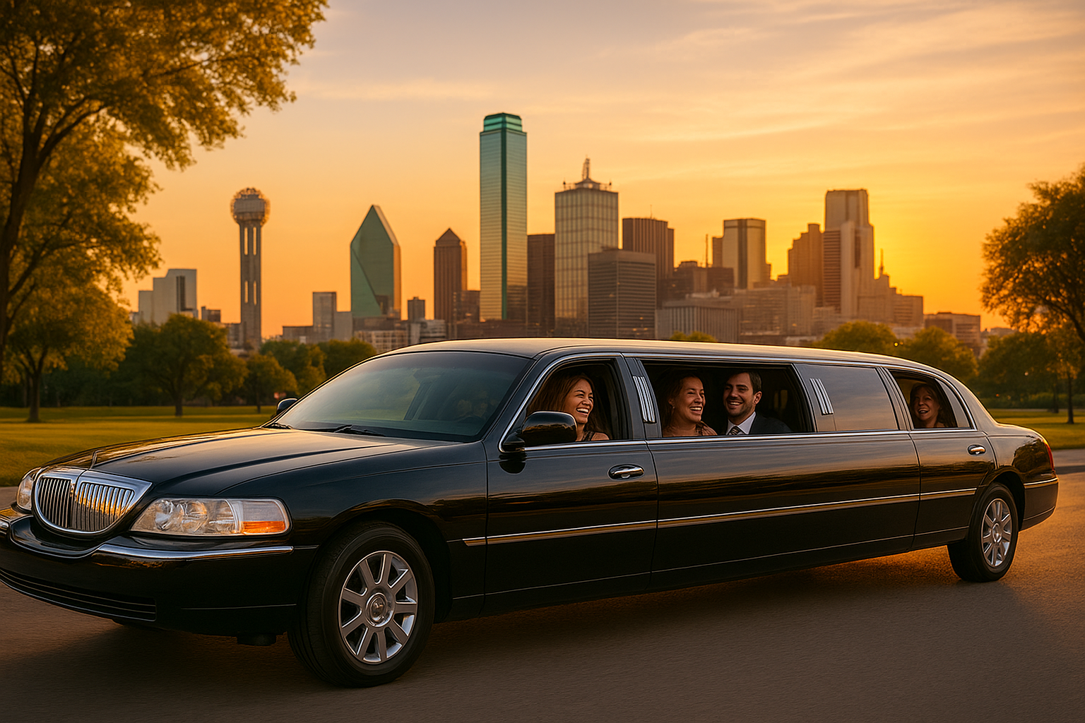 Luxury black limousine driving through Dallas at golden hour with happy passengers inside, showcasing private group transportation Dallas.